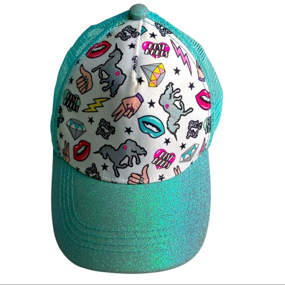 Sparkly Aqua Blue Colored Trucker Hat Scattered Emoji Front Design Adjustable